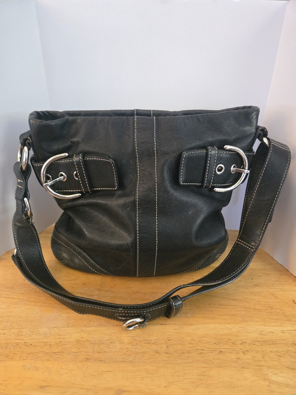 Coach Black Leather Shoulder Bag with Silver Buckles